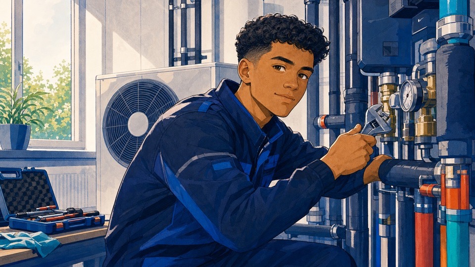 Stilisierte Illustration zum Ausbildungsberuf Anlagenmechaniker:in für Sanitär-, Heizungs- und Klimatechnik