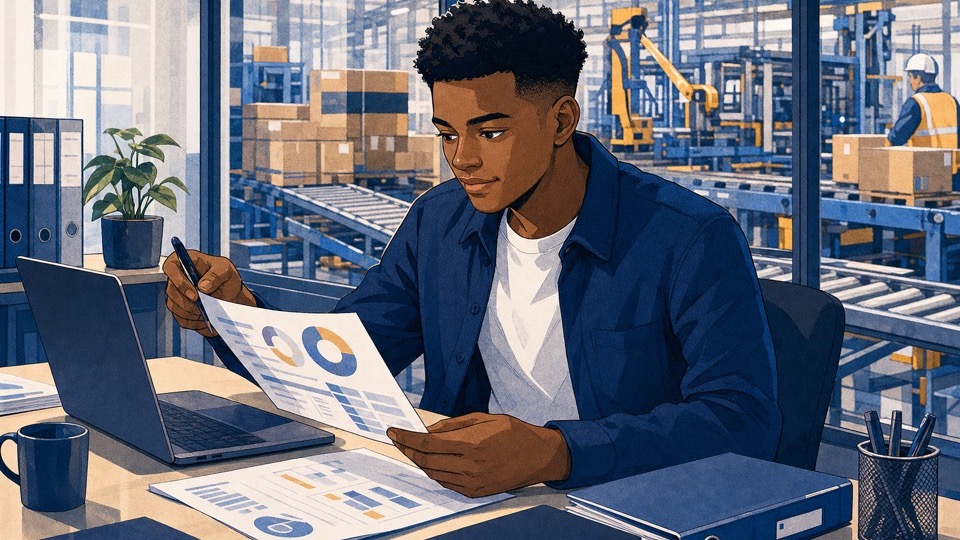 Stilisierte Illustration zum Ausbildungsberuf Industriekaufmann/-frau